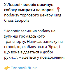 Во Львове неизвестный мужчина привязал собаку к столбу и оставил рядом с ней записку. Скриншот: Telegram-канал/ Типичный Львов